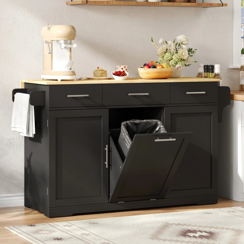 Isola da cucina mobile 136x50/75x92 cm con piano ribaltabile; prese USB; MDF nero/naturale