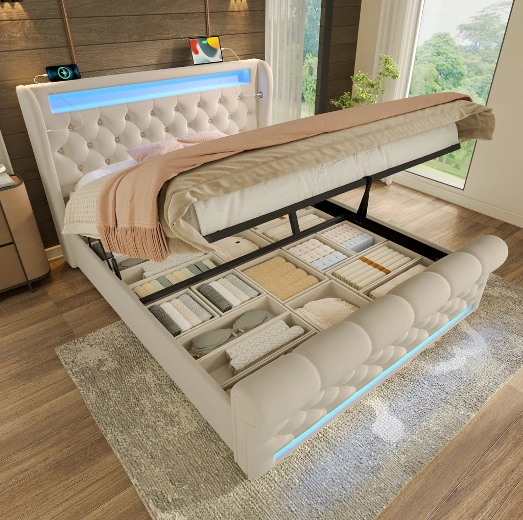Letto imbottito 140x190 cm con contenitore idraulico, LED e USB-C, velluto beige