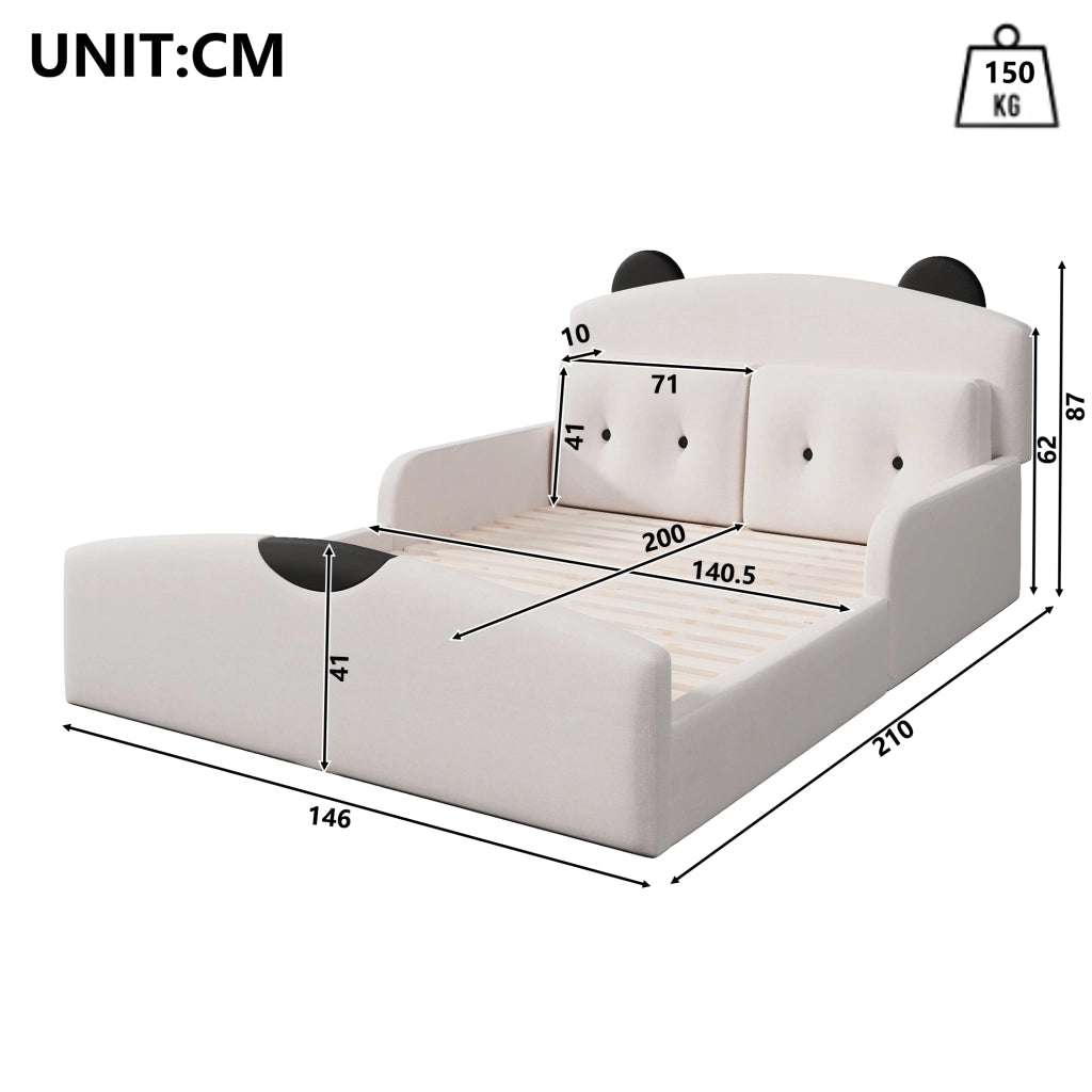 Letto a piattaforma 140 × 200 cm con testiera imbottita a orsetto in lino bianco e 2 cuscini decorativi