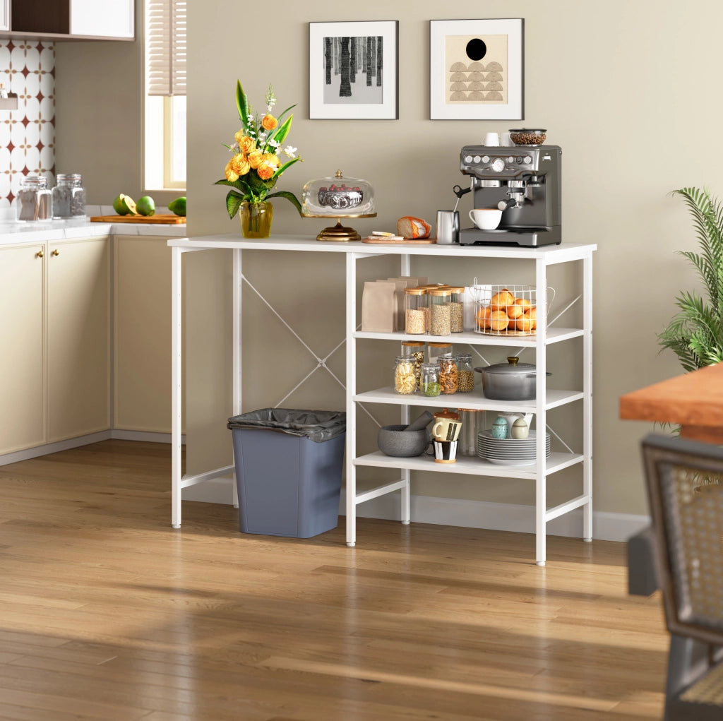 Tavolo Organizer Multifunzionale 120x40x85,5 cm con Struttura in Metallo e Piano Bianco, Montaggio Flessibile per Cucina, Soggiorno, Cantina e Garage