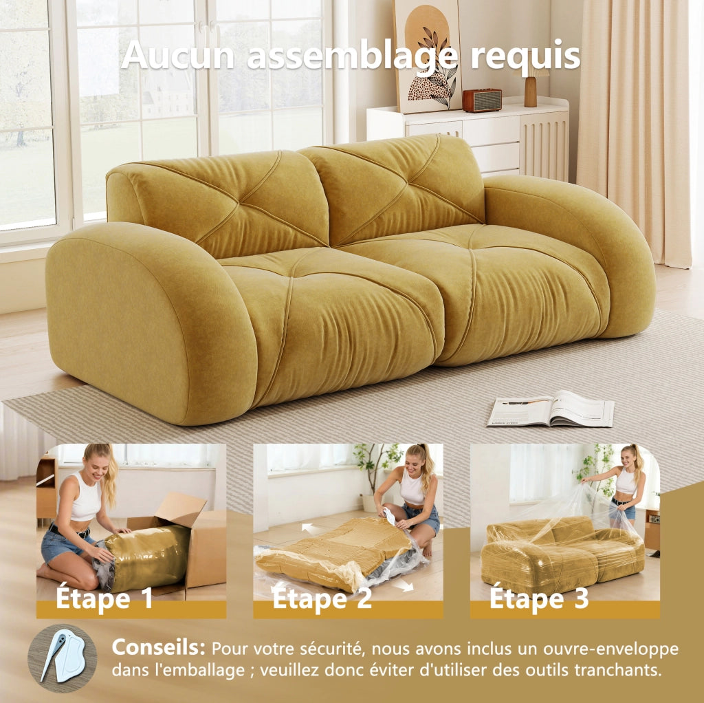 Divano modulare 2 posti in Chenille giallo con 2 pouf, senza struttura, ideale per soggiorno e appartamenti