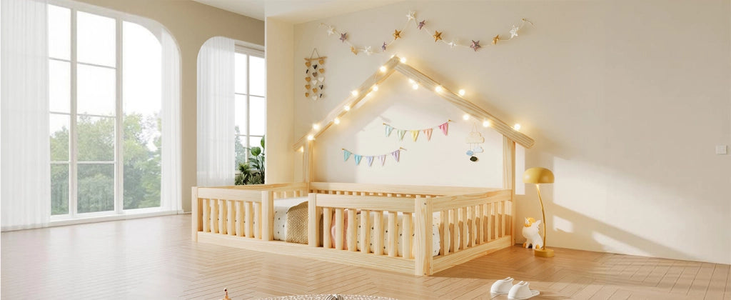 Letto Casetta per Bambini 90x200 cm con Sponde di Sicurezza; LED; Naturale
