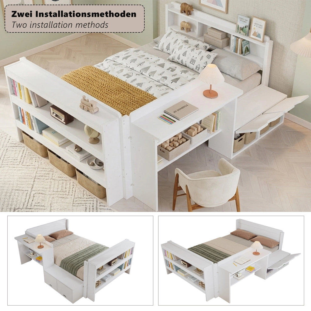 Letto una piazza e mezza 120 × 200 cm con scrivania contenitore in legno bianco modulare