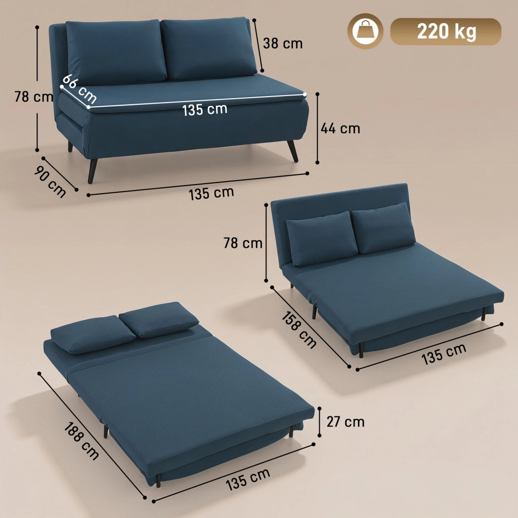 Divano Letto 3 in 1 ¨C Minimal ¨C Blu, Tessuto, Dossier Regolabile, Cuscino