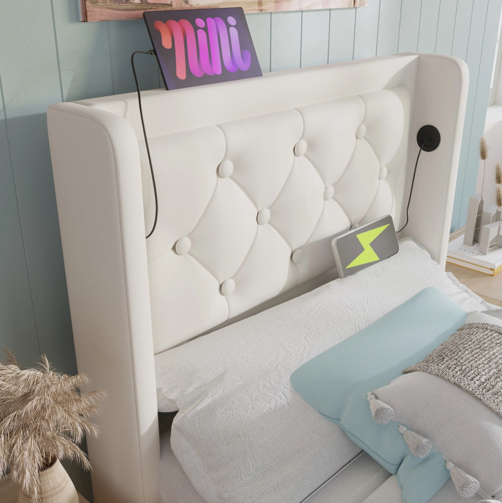 Letto singolo imbottito 90x200 cm con contenitore, LED a 3 lati e porte USB Type-C