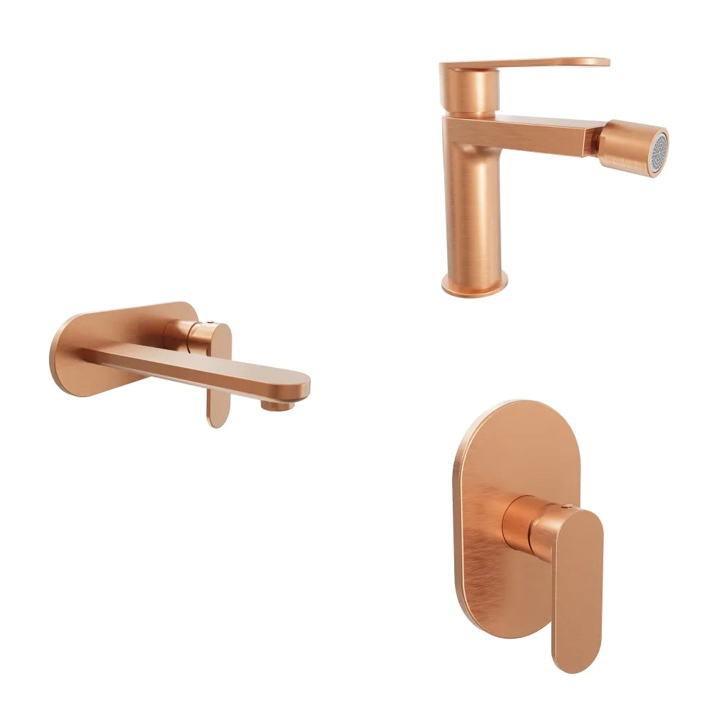 Set miscelatori lavabo ad incasso placca stondata bidet miscelatore doccia monocomando rame spazzolato | Margot