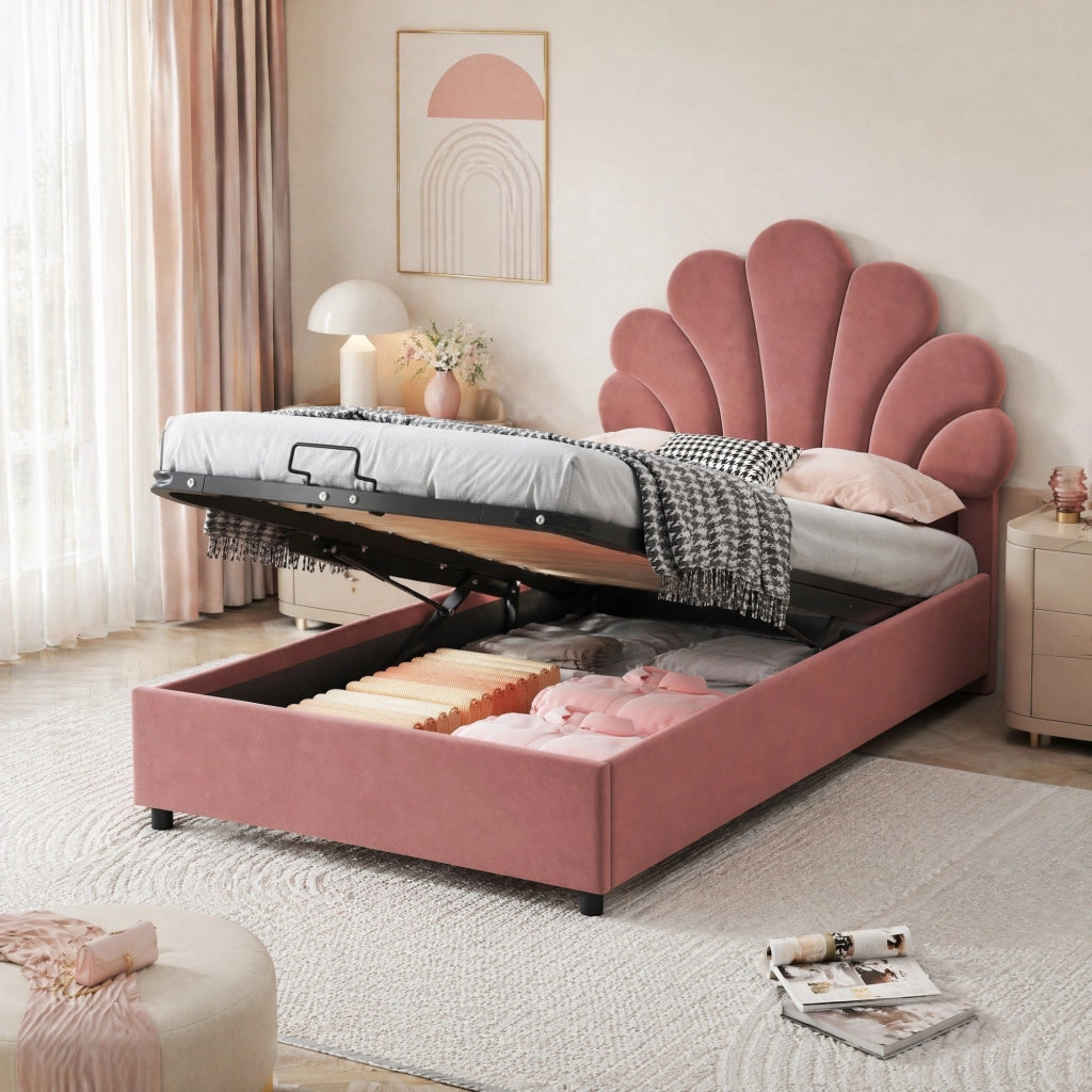 Letto contenitore 90 × 200 cm con testiera floreale imbottita in velluto rosa e rete a doghe