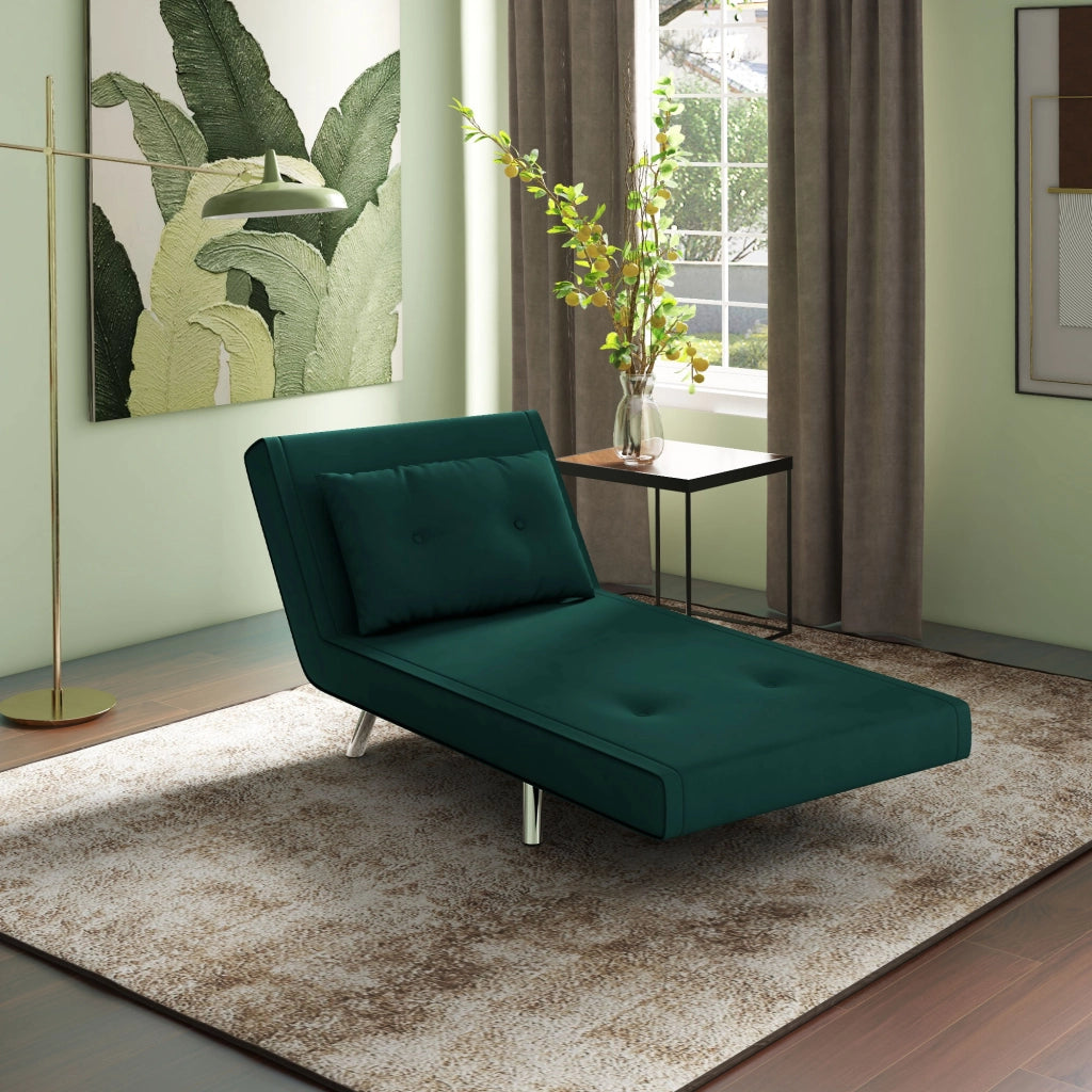 Poltrona letto 3 in 1 con schienale regolabile, cuscino e gambe in acciaio, in poliestere verde scuro