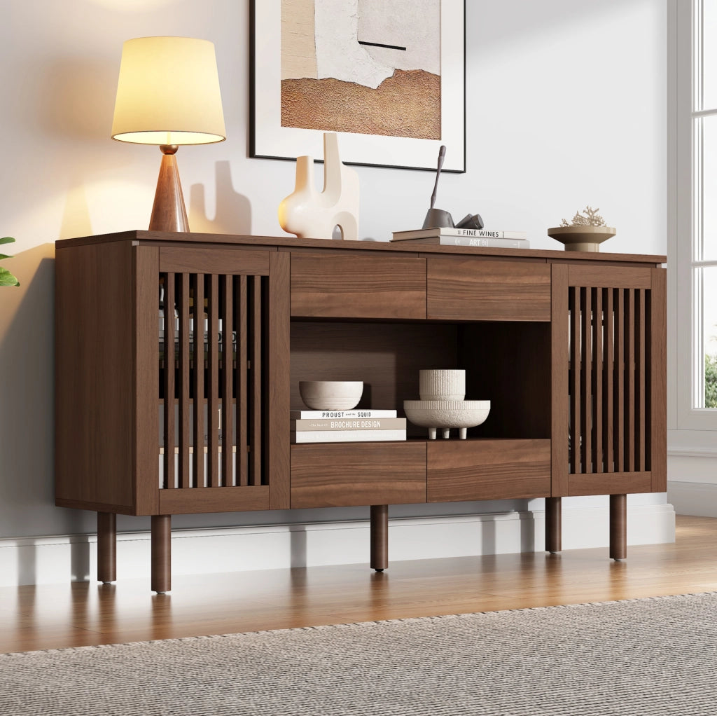 Credenza in MDF 140x35x71 cm con 4 cassetti; 2 ante a lamelle e gambe in legno; noce