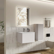 Set Mobili Bagno Moderno con Specchio LED, Mobile Sottolavabo 60 cm Bianco con Lavabo in Pietra Sintetica e Colonna Laterale