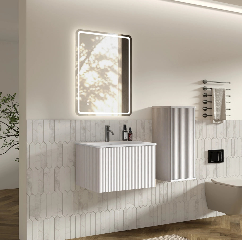 Set Mobili Bagno Moderno con Specchio LED, Mobile Sottolavabo 60 cm Bianco con Lavabo in Pietra Sintetica e Colonna Laterale