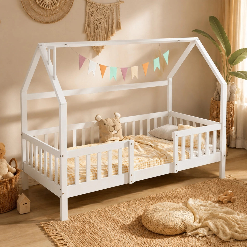LETTO a casetta con tetto e recinto 90x200 cm in legno di pino bianco