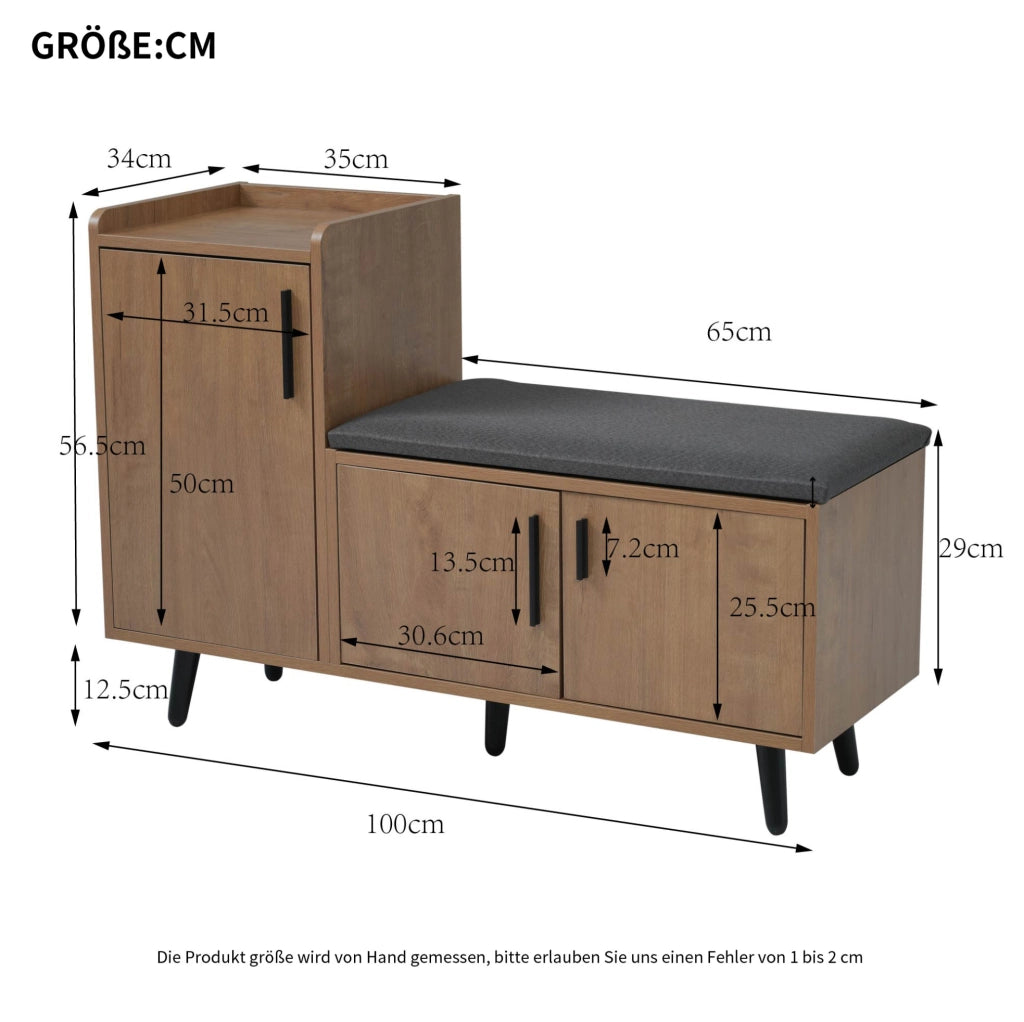 Panca Porta Scarpe Moderna con Tre Ante e Maniglie Asimmetriche in Metallo, 100x34x69 cm, Colore Naturale