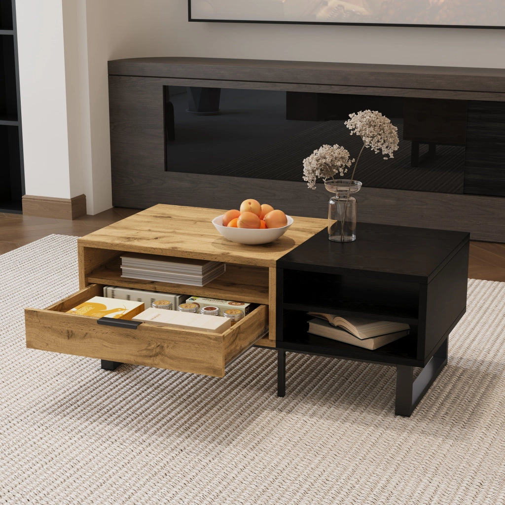 Tavolino da salotto con cassetto 100 x 50 x 40 cm in pannello truciolare nero e legno con vani a giorno