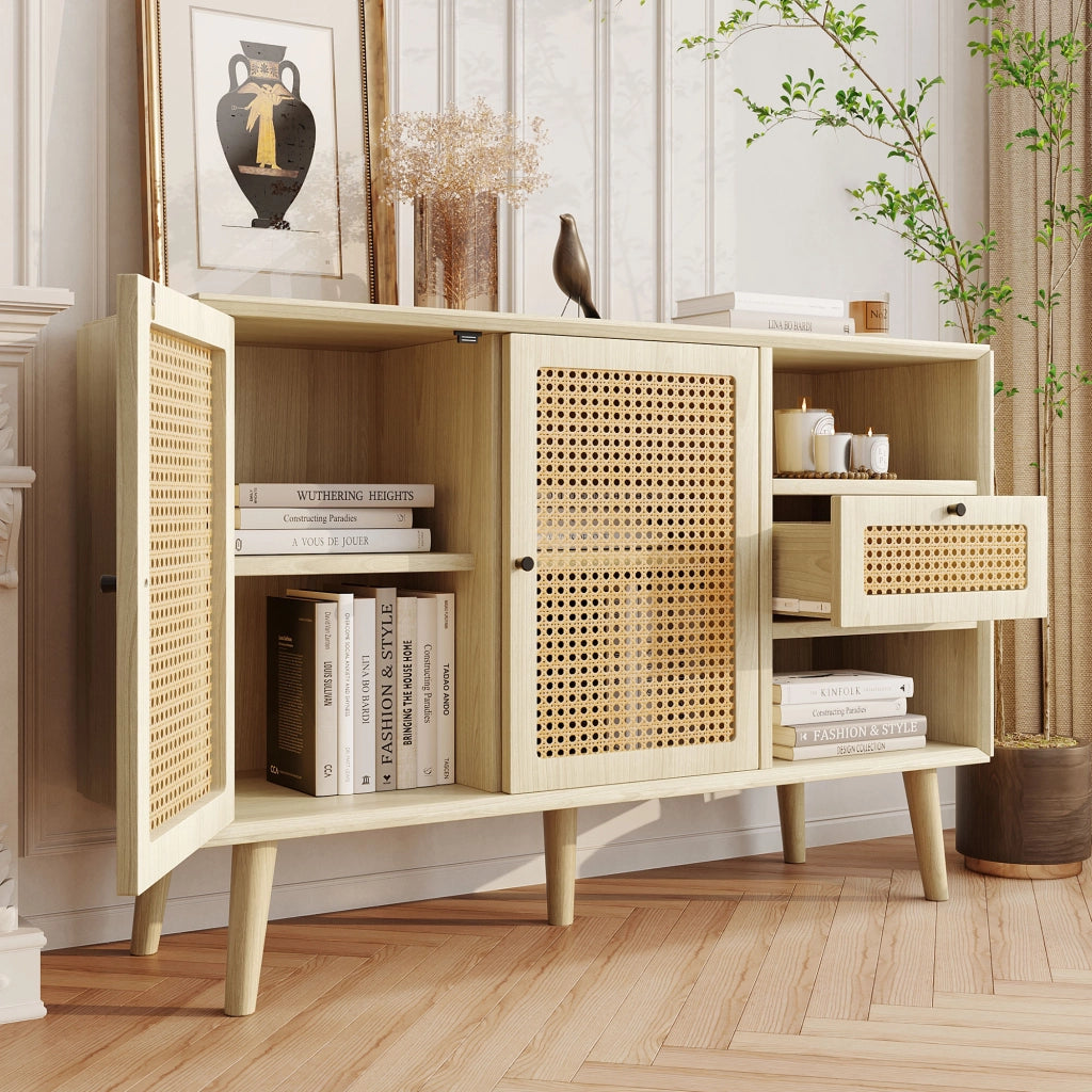 Credenza con Cassetto e 2 Ante in Rattan ¨C MINIMAL ¨C Rovere, Metallo Nero, 120x40x80
