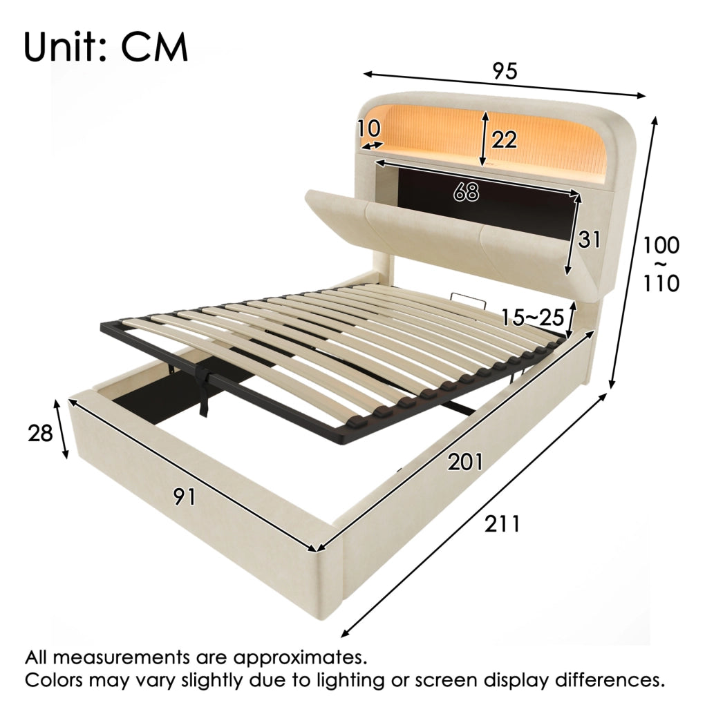 Letto singolo 90x200 cm con contenitore regolabile, testiera imbottita in velluto beige, illuminazione LED e stazione di ricarica USB/Type-C, incluso rete a doghe e materasso