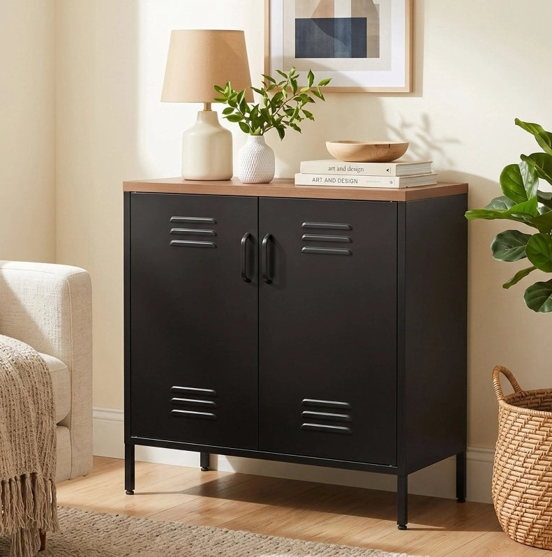 Credenza Industriale in Metallo con 2 Ante e Ripiano Regolabile 80 x 40 x 80 cm Nera per Soggiorno e Ufficio