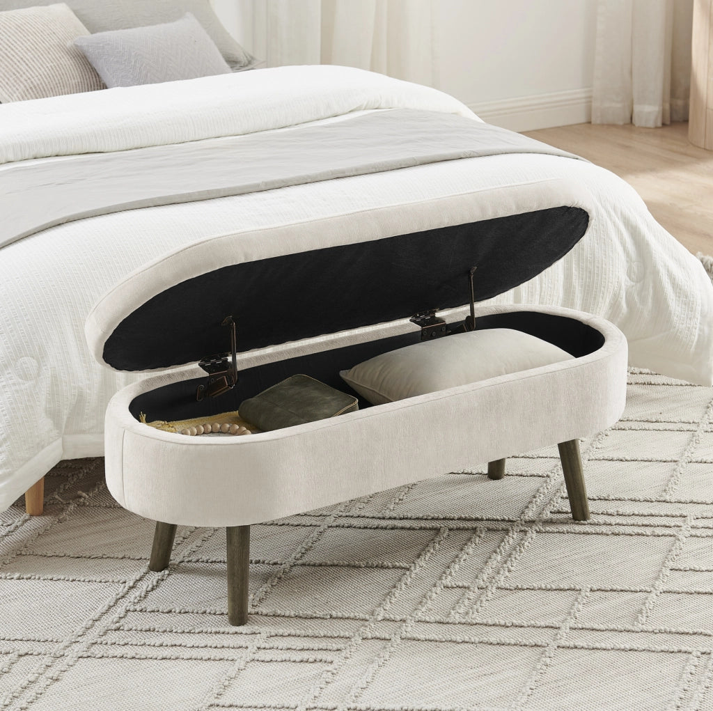 Panca contenitore beige in tessuto chenille con struttura in legno massello, 110x40x42 cm, 20L capacità, per soggiorno, camera e ingresso