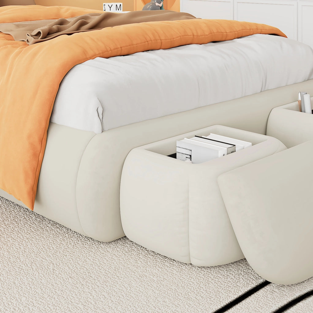 Letto imbottito 90x200 cm con orecchie decorative, luce LED e contenitori