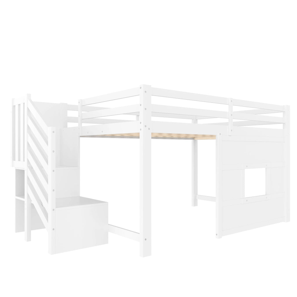 Letto a soppalco 140 x 200 cm con scala contenitore e finestra - Bianco