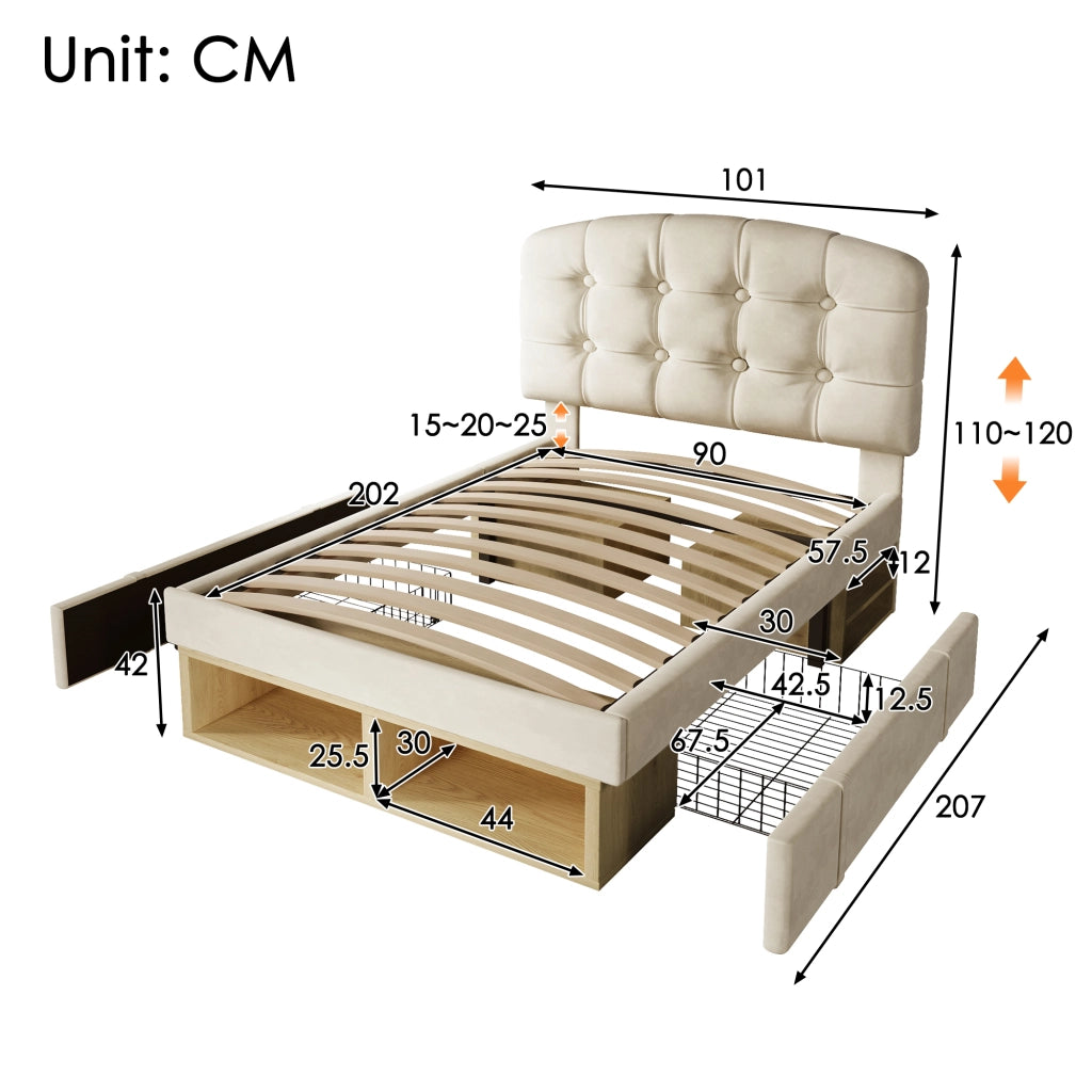 Letto singolo 90 × 200 cm con cassetti e vani portaoggetti; senza materasso; in velluto beige