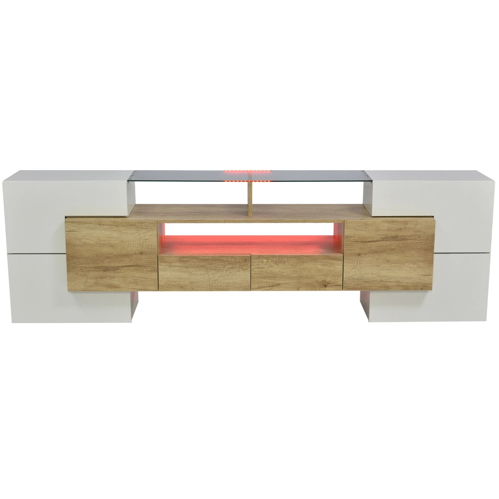 Mobile TV 200 cm con LED multicolore in MDF e truciolare bianco lucido e color legno