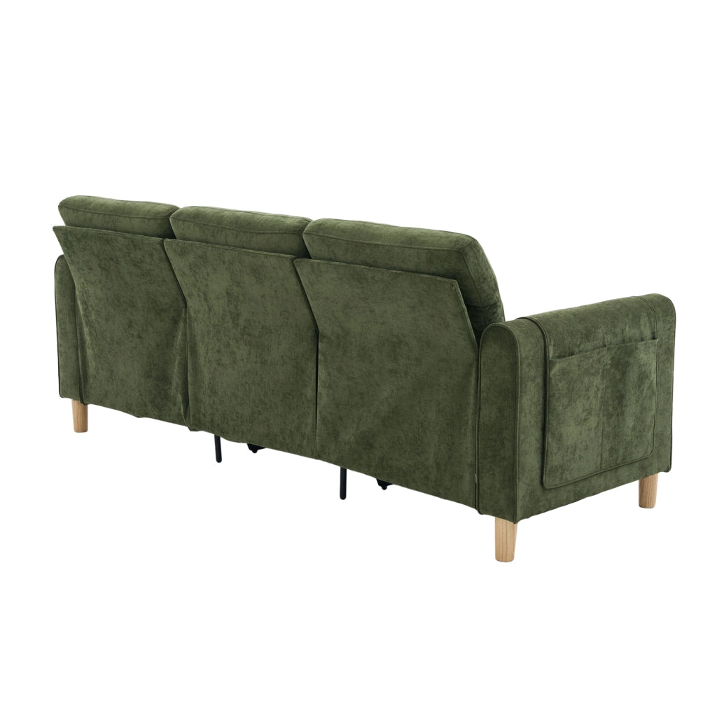 Divano angolare a tre posti in chenille verde con poggiapiedi contenitore e gambe in legno, stile nordico