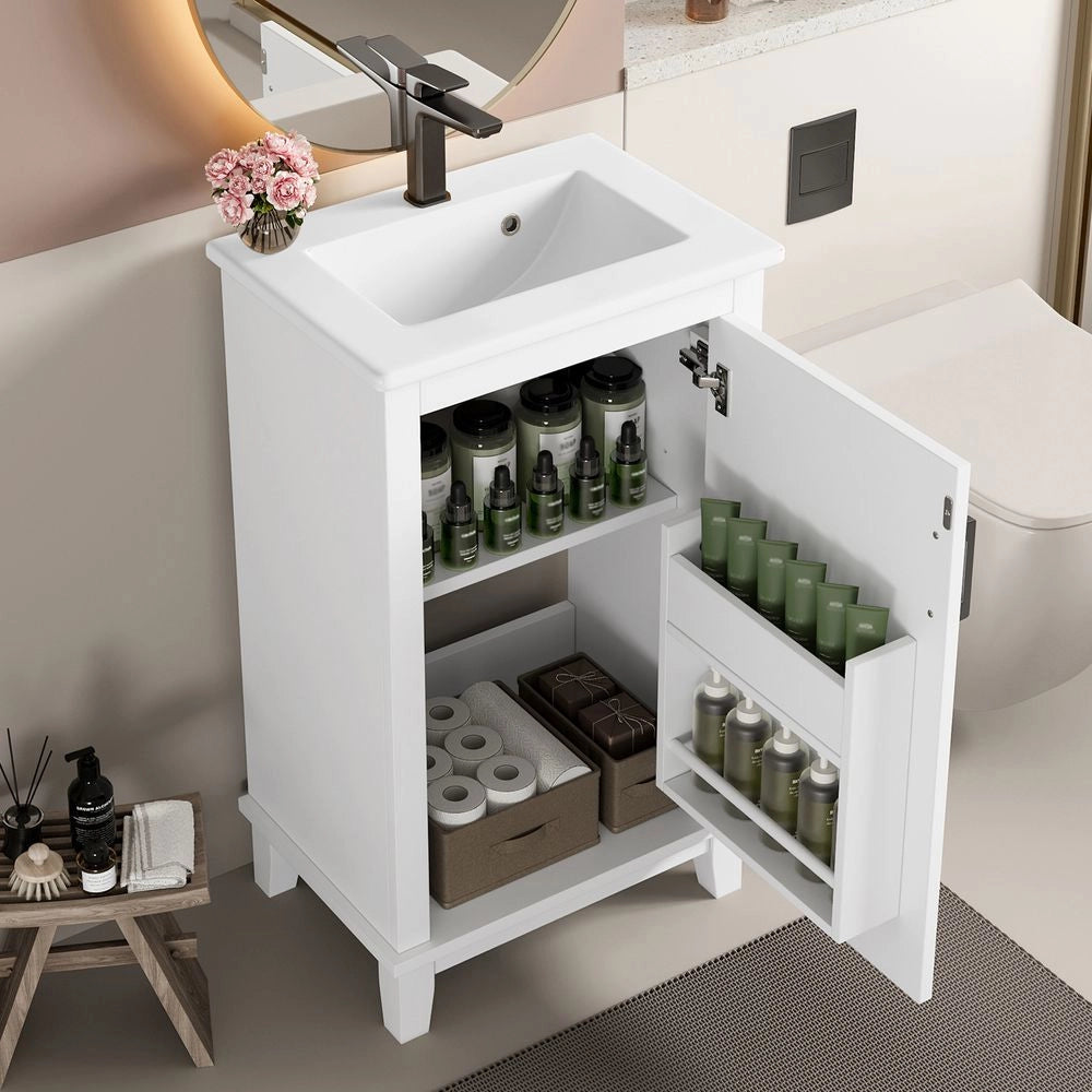 Mobile bagno su piedi - Xylo - 51x34x83cm - Bianco - Lavabo ceramica scaffali regolabili per spazi piccoli