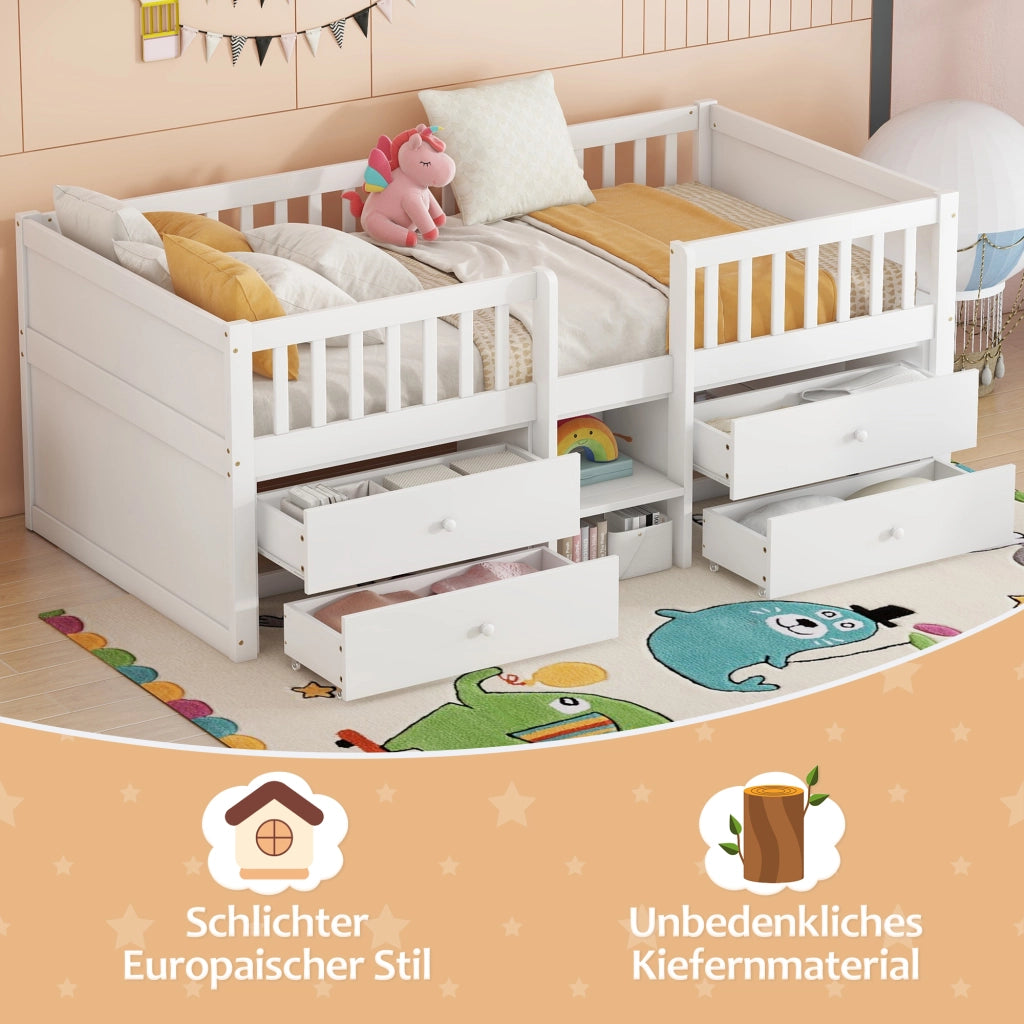 Letto a soppalco 90 × 200 cm 1 posto con 4 cassetti; barriere e scala; senza materasso; pino bianco