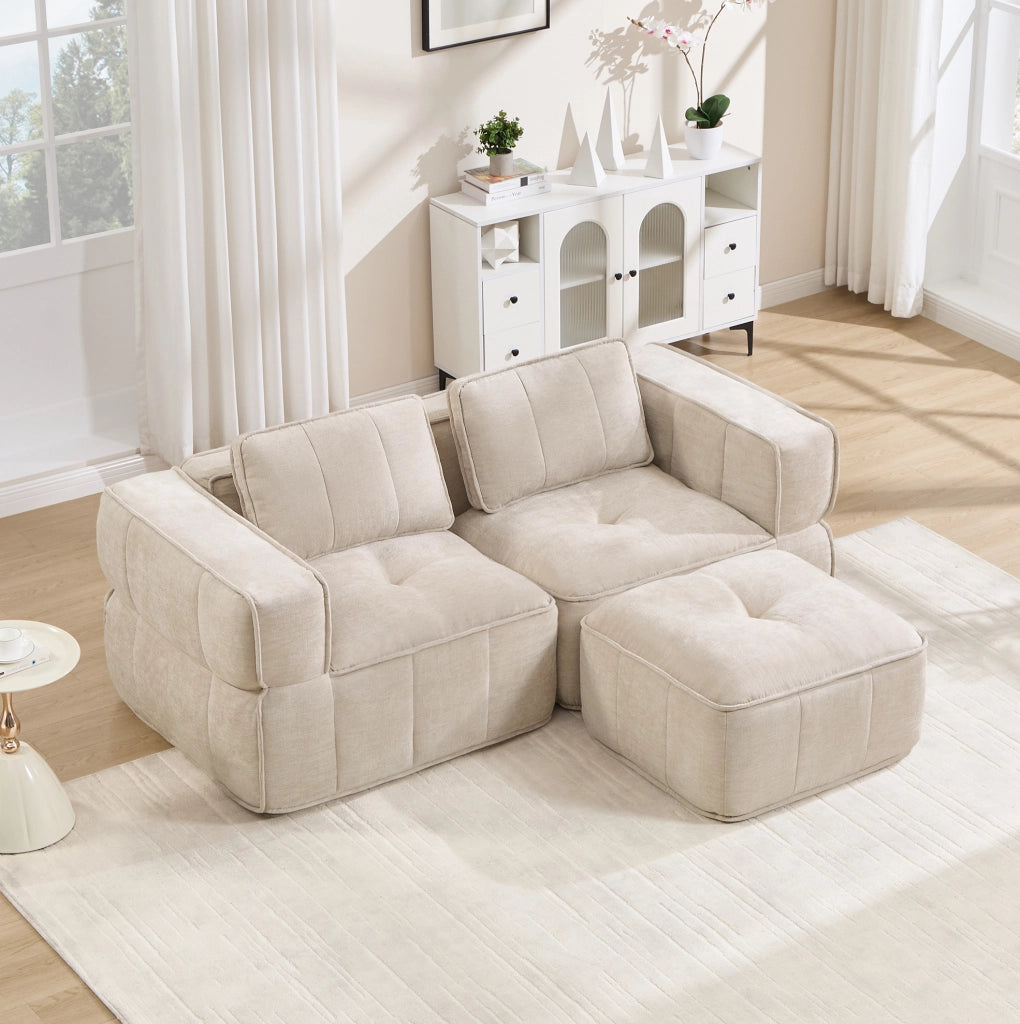Divano modulare a L, 2 posti senza telaio con pouf beige in tessuto poliestere resistente, 198x162x67 cm