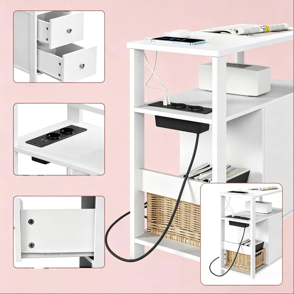 Tavolino da divano con presa 60x60x30 cm; 2 cassetti e 2 USB bianco HOMVRA