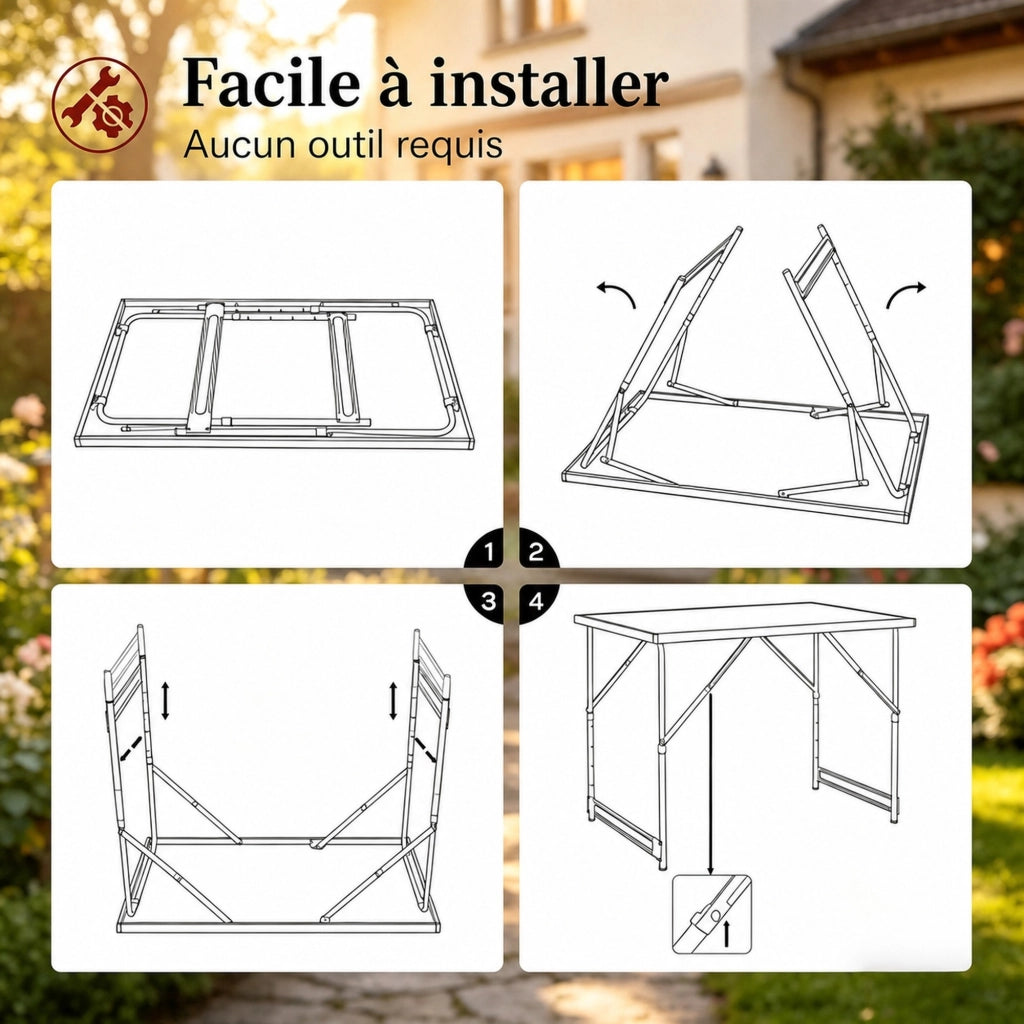 Tavolo da giardino pieghevole regolabile 100x60 cm in alluminio e MDF, rovere chiaro