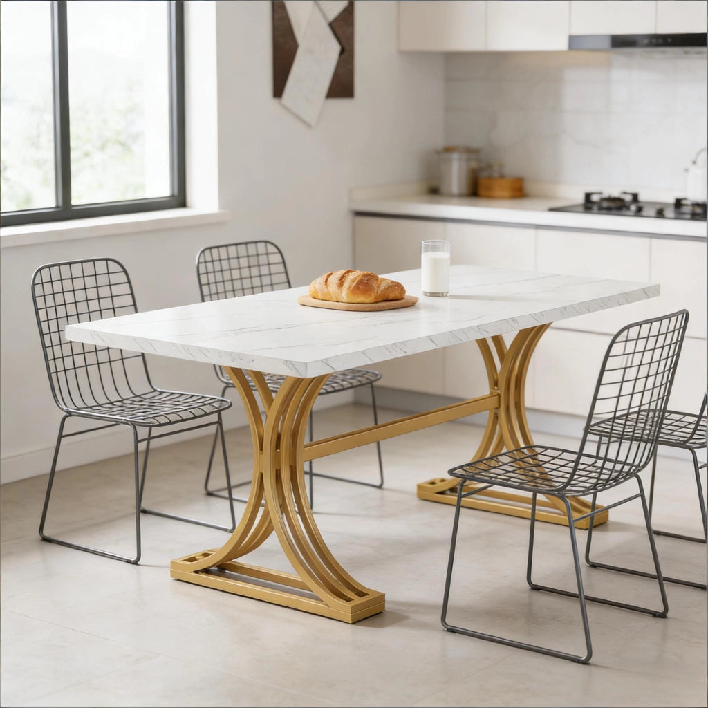 Tavolo da pranzo per 4-6 persone con piano in marmo artificiale e gambe in metallo, bianco e oro, 160 × 80 cm