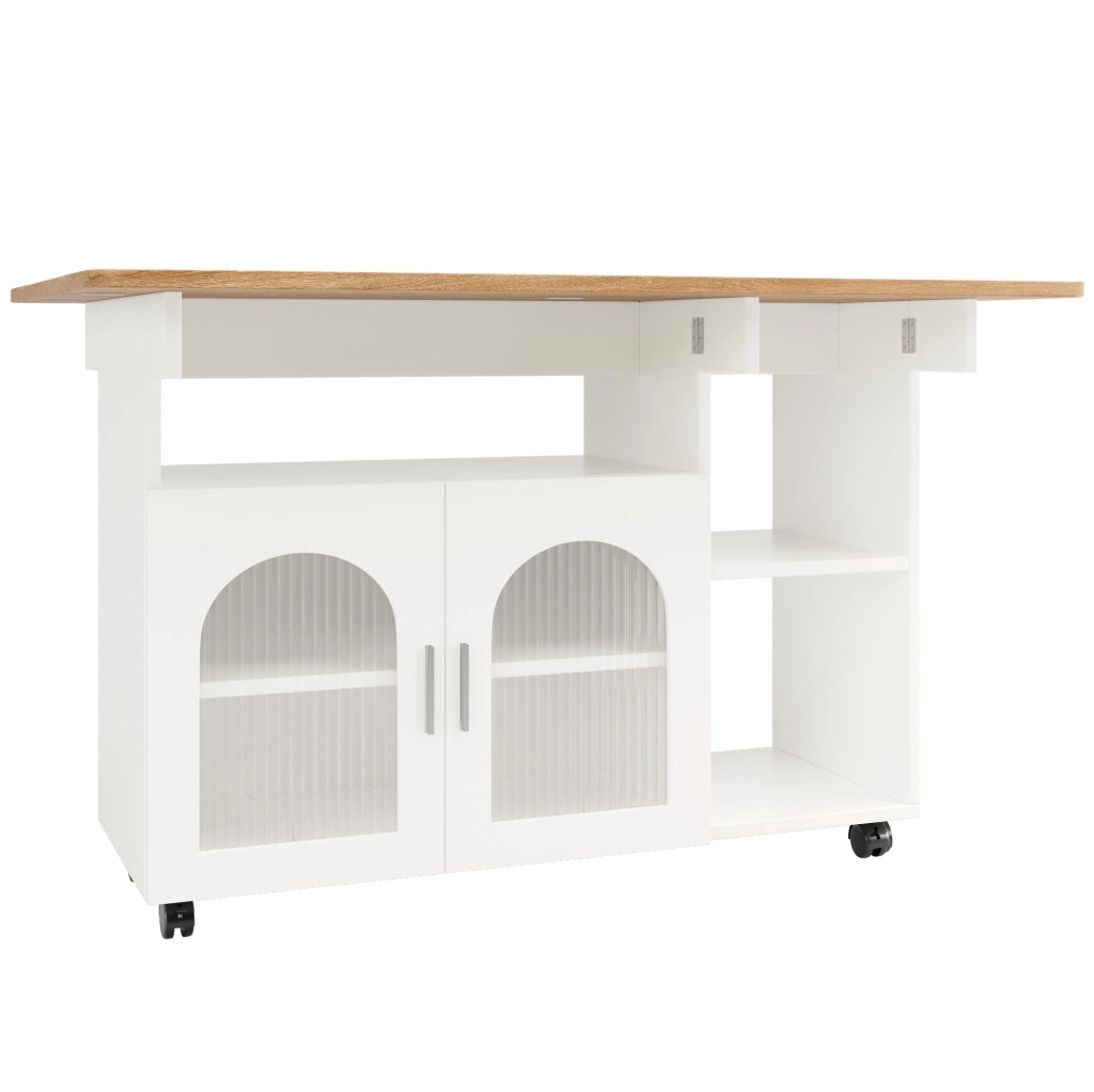 Isola cucina pieghevole con ruote e ripiani 120x30/70x79;5 cm in MDF bianco