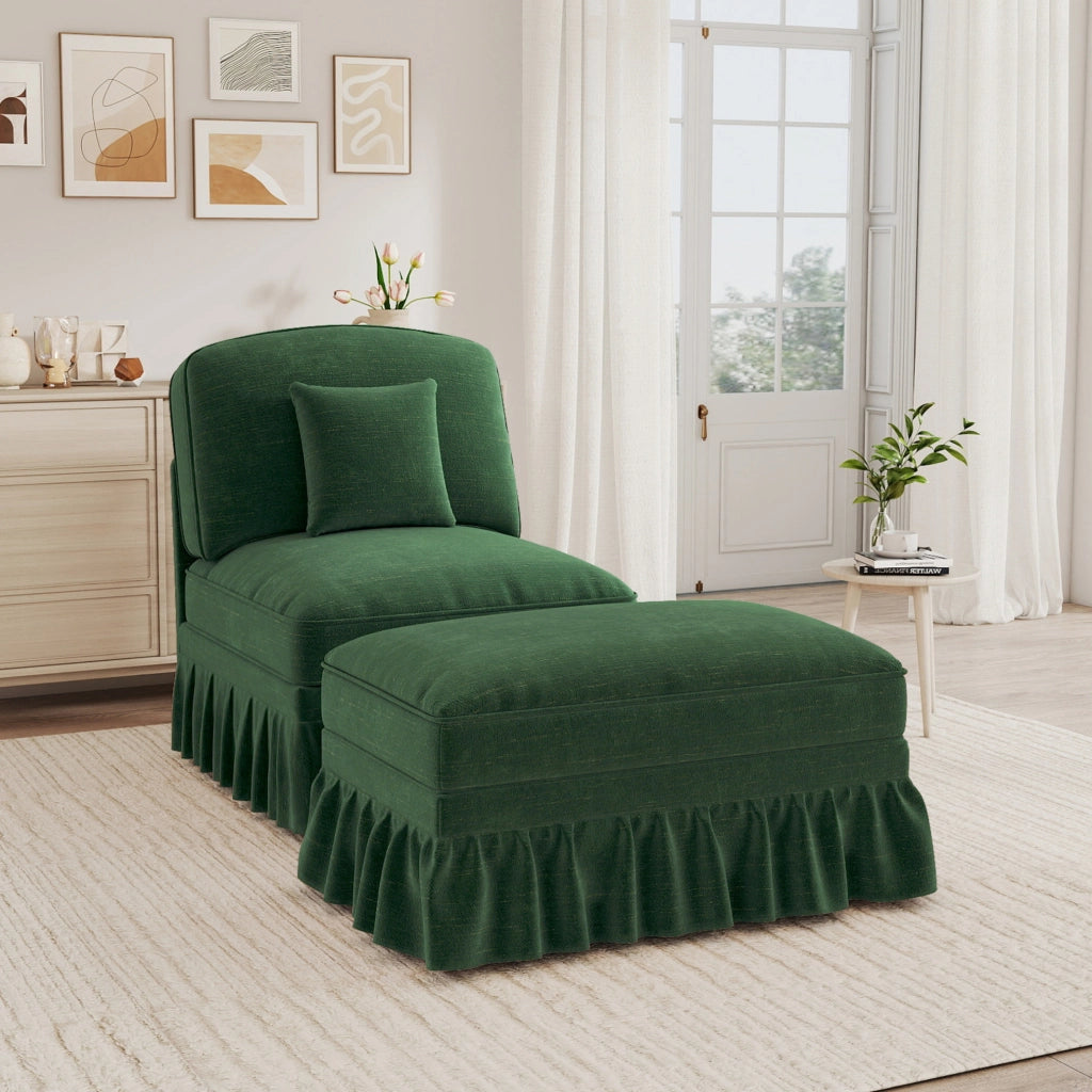 Poltrona Lounge classica in chenille verde con gonna removibile e pouf mobile
