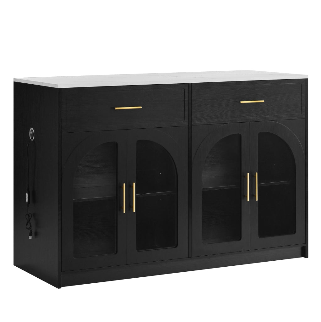Isola da cucina 135x55x91 cm nera in MDF, LED e ripiani regolabili