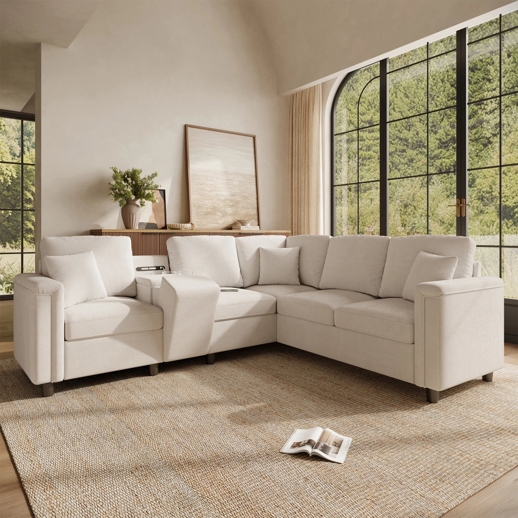 Divano angolare a L in ciniglia 235 x 208 cm con contenitore e USB; beige