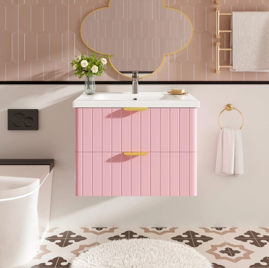 Mobile bagno sospeso con lavabo singolo in ceramica, MDF resistente all'umidità e doppio vano portaoggetti, rosa