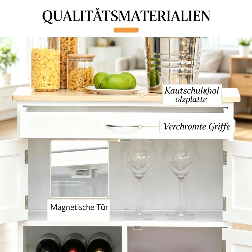 Carrello da cucina con cassetto; 2 armadietti e portabottiglie su ruote in MDF bianco e legno 67 × 37 × 87 cm