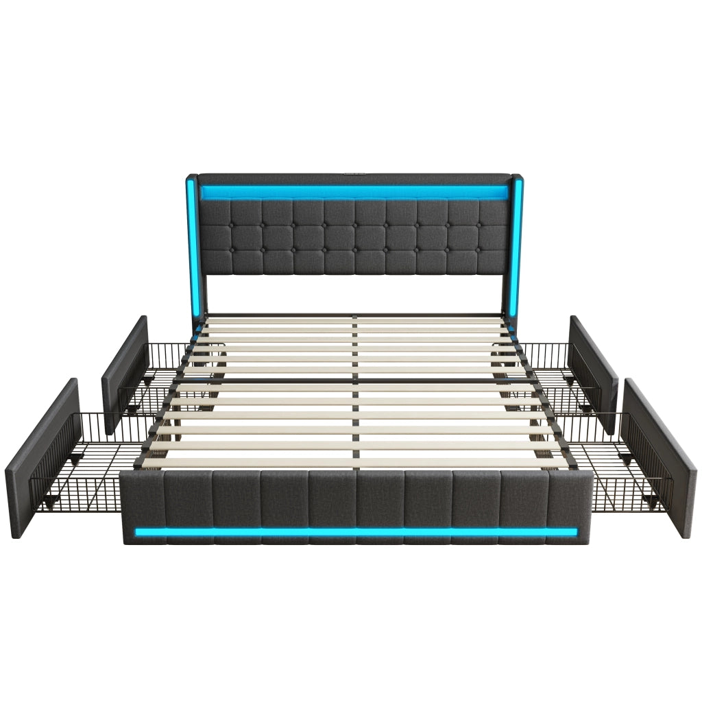 Letto matrimoniale 160x200 cm con LED; 4 cassetti e USB; grigio scuro