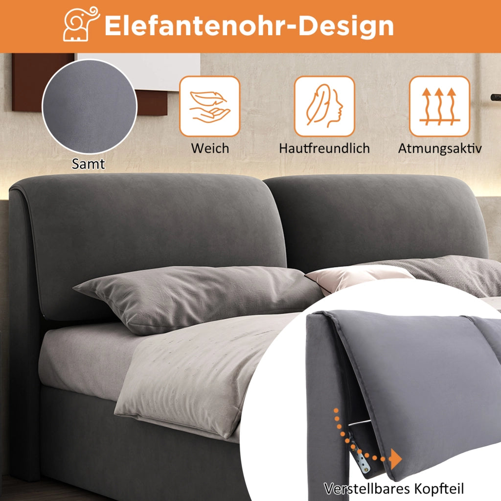Letto imbottito grigio in velluto 160x200 con contenitore, 3 cassetti e rete a doghe, senza materasso