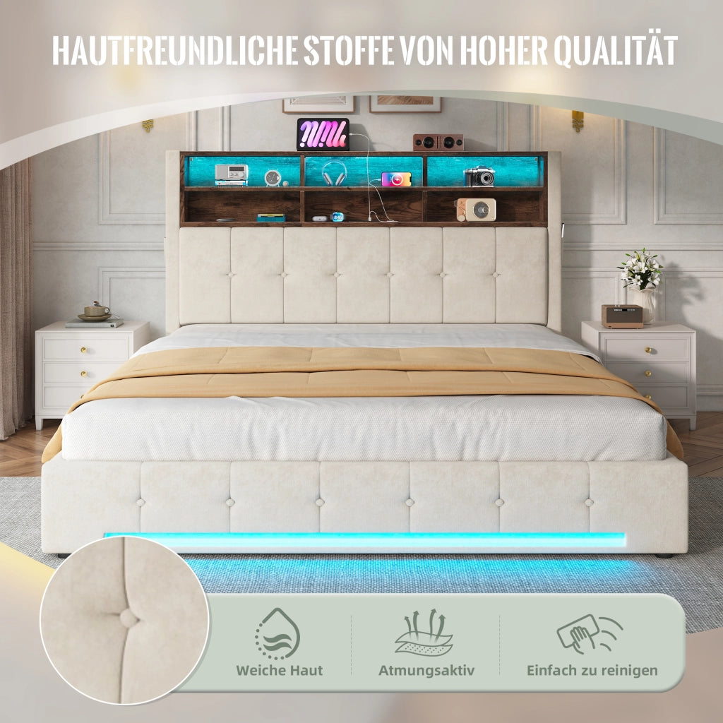 Letto imbottito 180 × 200 cm con contenitore idraulico testiera multifunzione USB-C LED velluto beige
