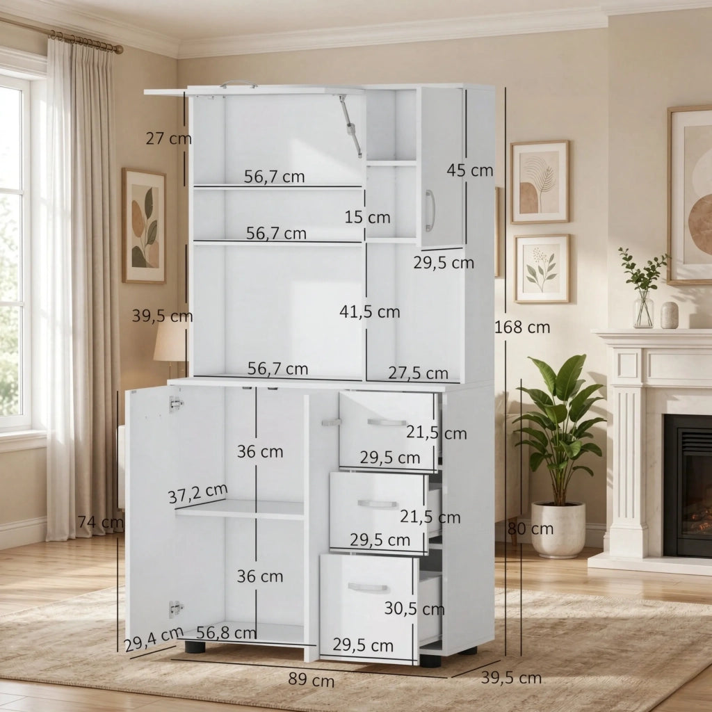 Armadio da cucina alto con cassetto, ampio mobile contenitore a colonna con molteplici spazi di archiviazione (solo armadio alto)
