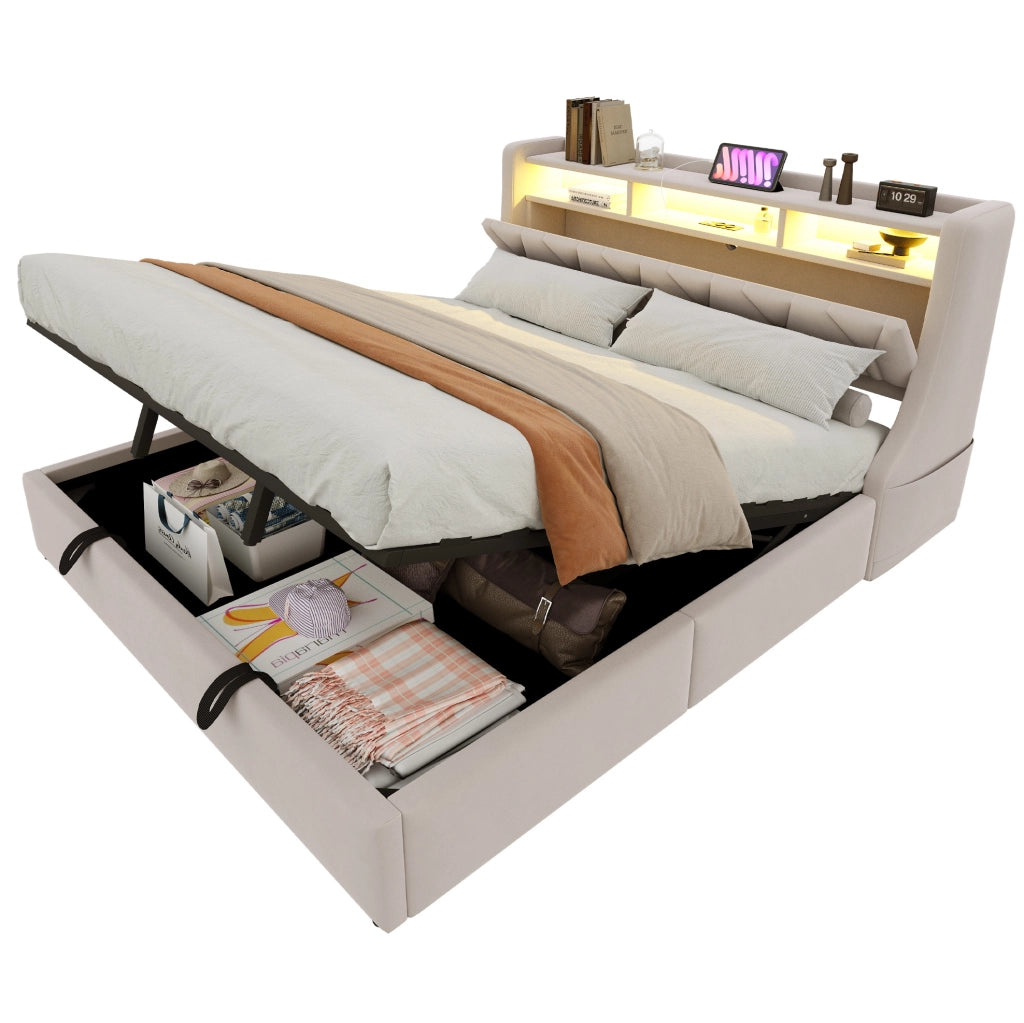 Letto imbottito 180x200 cm con contenitore idraulico, LED e velluto beige
