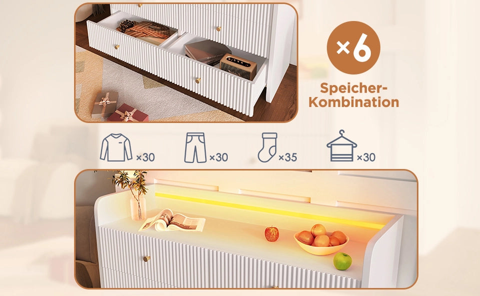 Mobile contenitore bianco con 6 cassetti, illuminazione LED e design a onde, 120x40x75 cm