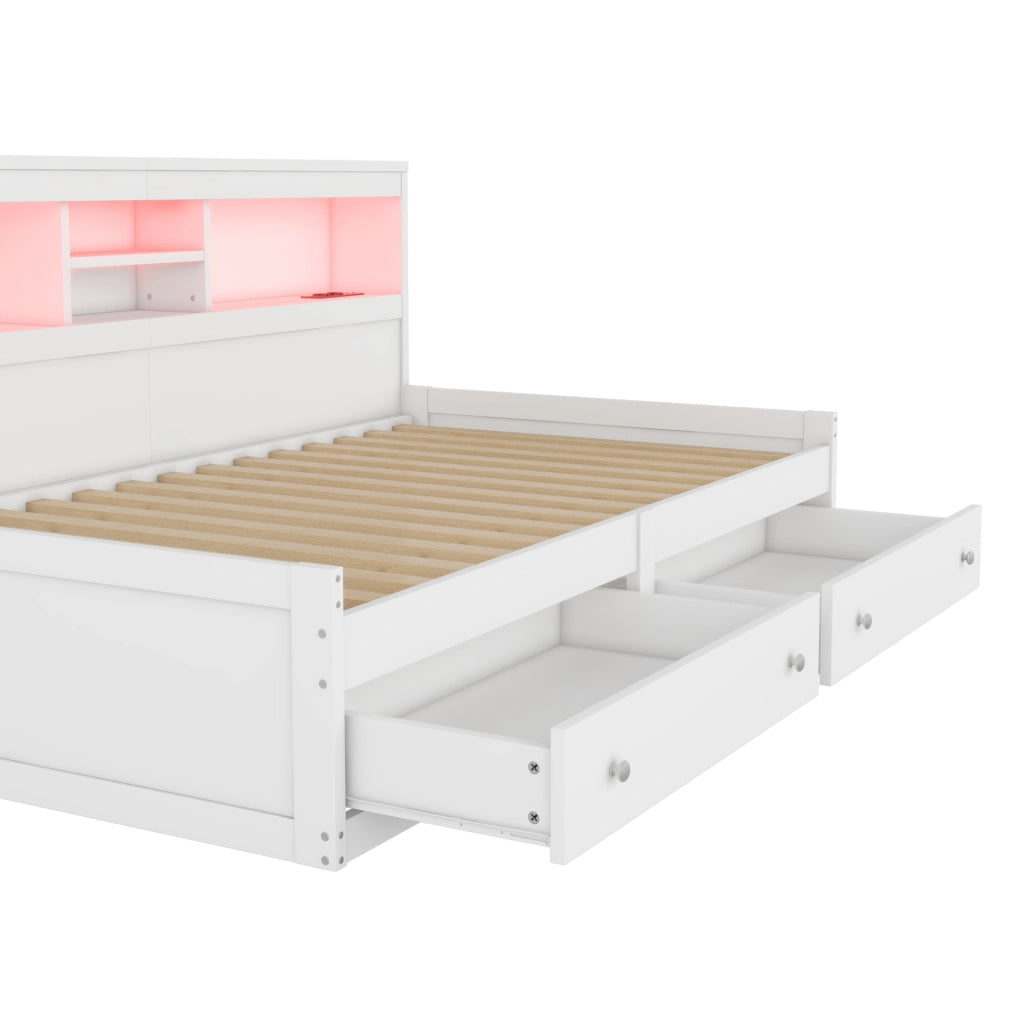 Letto giorno bianco 90x200 cm con divano letto, 2 USB, luce d'ambiente e due cassetti, struttura in truciolato e MDF
