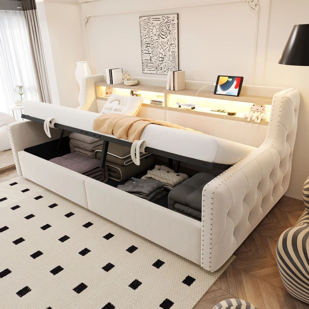 Divano letto imbottito con LED, prese e contenitore, 90x200 cm, beige
