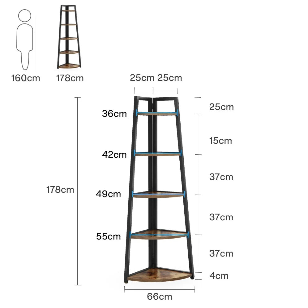 Scaffale angolare a 5 ripiani multipiano per libri e piante, struttura in legno e metallo