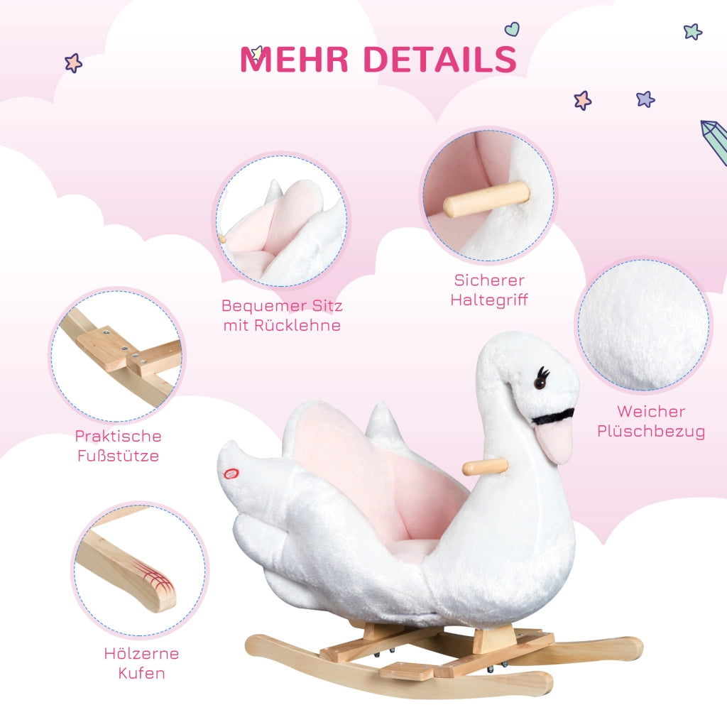 Animale a Dondolo per Bambini a Forma di Cigno 55 cm Peluche e Legno con Cintura di Sicurezza e Musica per Casa
