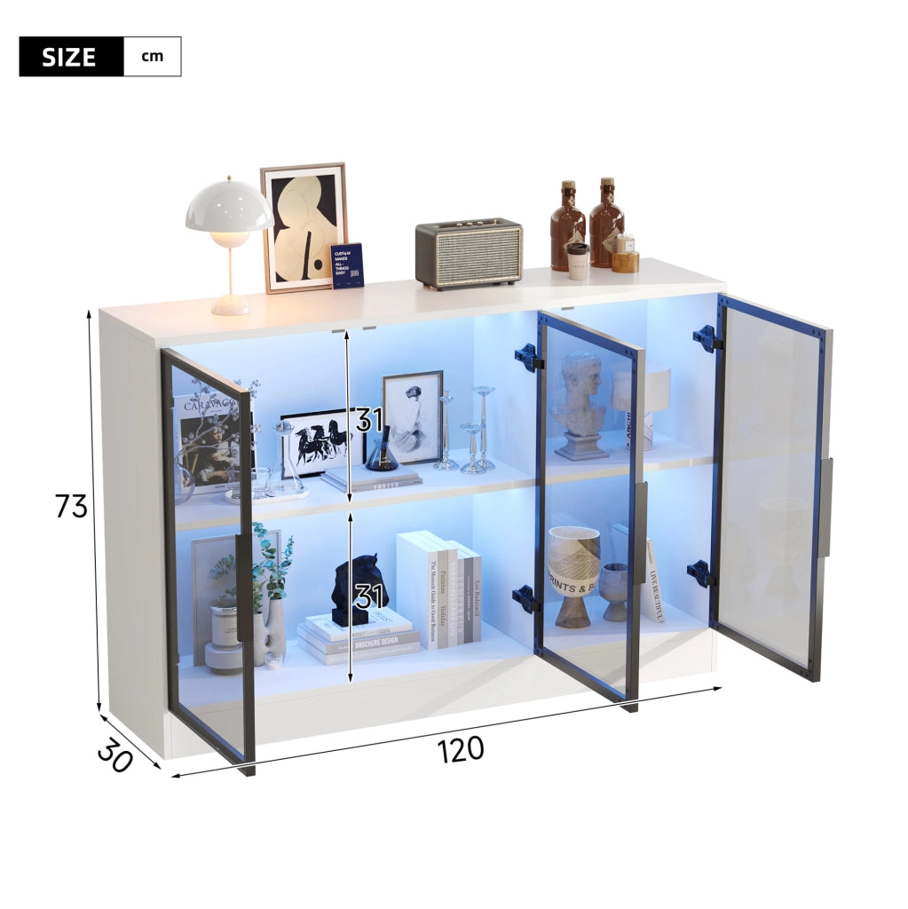 Vetrina ULEVR 120x30x73 cm bianca con vetro grigio, LED multicolore e ante con chiusura ammortizzata